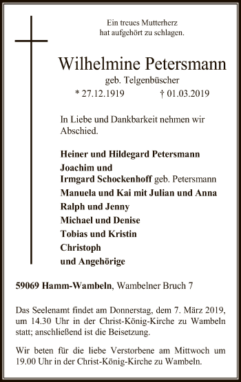 Traueranzeige von Wilhelmine Petersmann von MZV