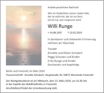 Traueranzeige von Willi Runge von HSK