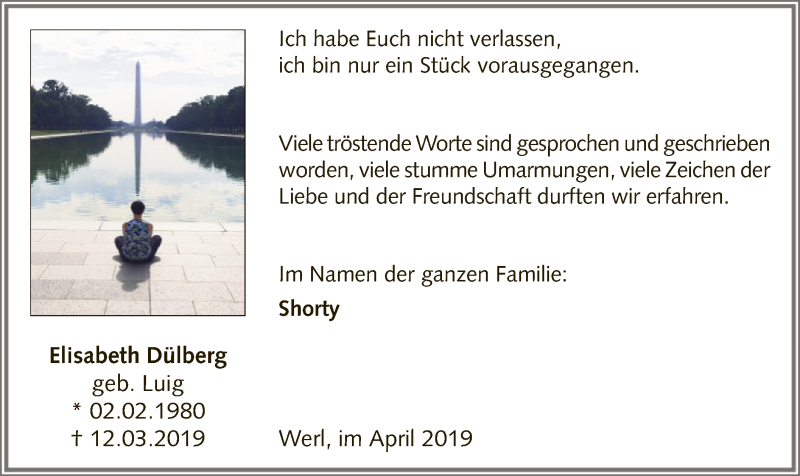  Traueranzeige für Elisabeth Dülberg vom 27.04.2019 aus MZV