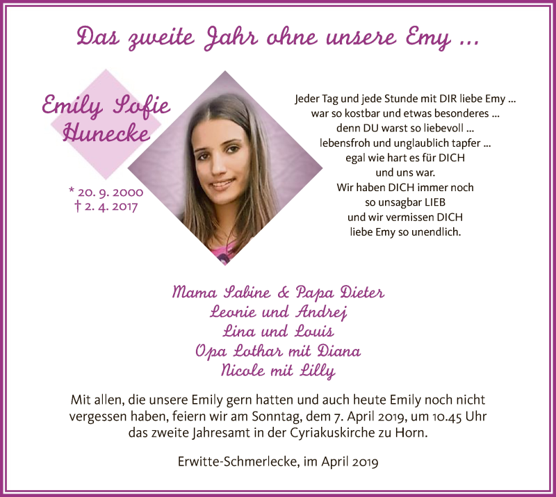  Traueranzeige für Emily Sofie Hunecke vom 02.04.2019 aus MZV