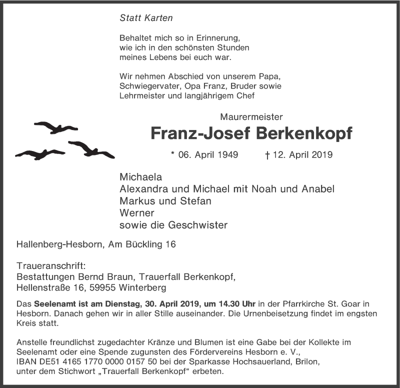  Traueranzeige für Franz-Josef Berkenkopf vom 27.04.2019 aus HSK