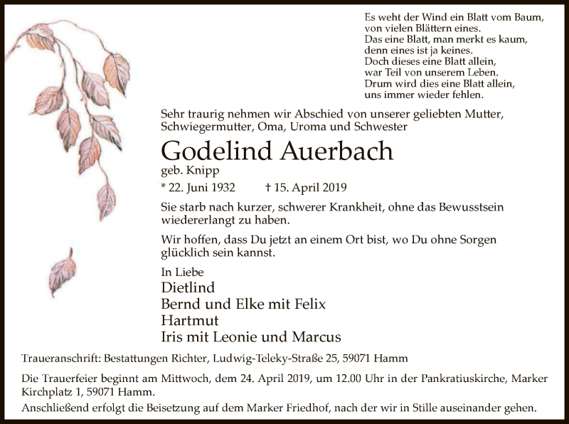  Traueranzeige für Godelind Auerbach vom 20.04.2019 aus MZV