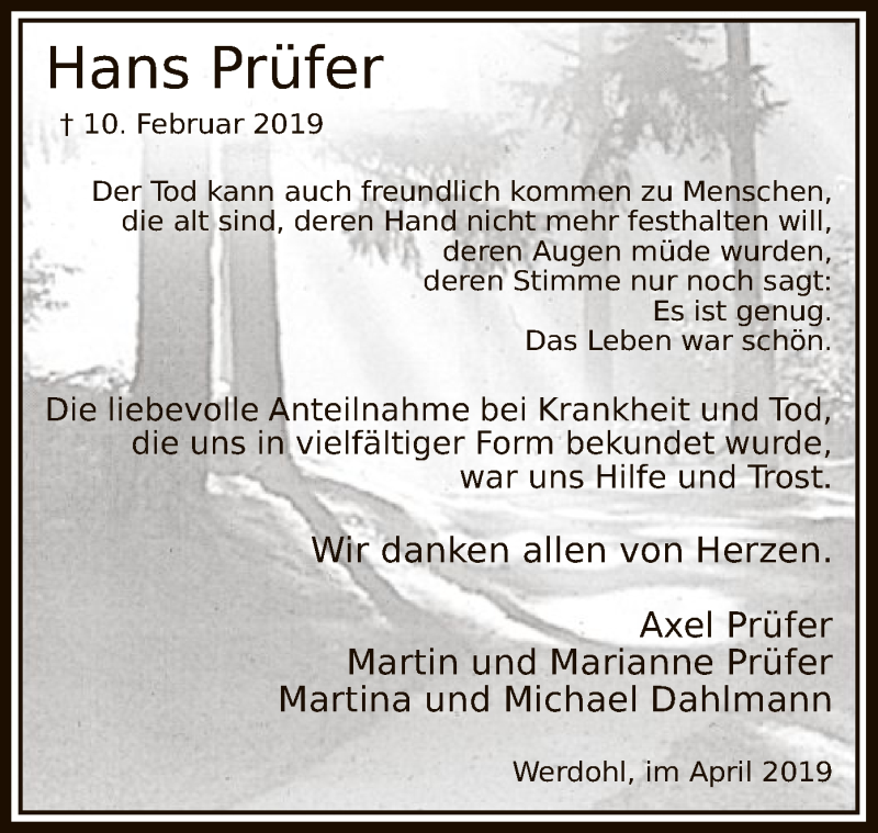  Traueranzeige für Hans Prüfer vom 12.04.2019 aus MZV