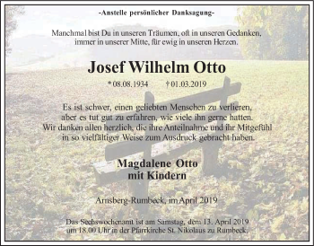 Traueranzeige von Josef Wilhelm Otto von HSK