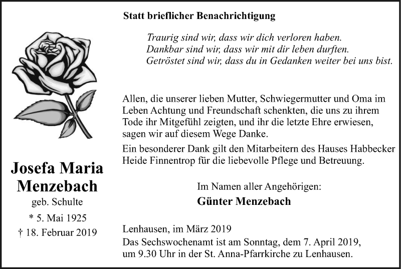 Traueranzeige für Josefa Maria vom 03.04.2019 aus HSK