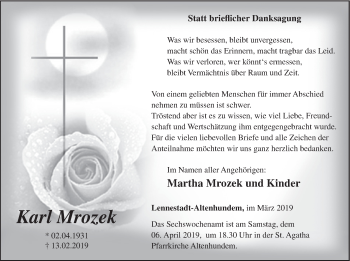 Traueranzeige von Karl Mrozek von HSK