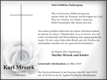 Traueranzeige von Karl Mrozek von HSK