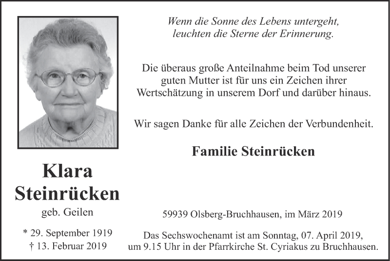  Traueranzeige für Klara Steinrücken vom 30.03.2019 aus HSK