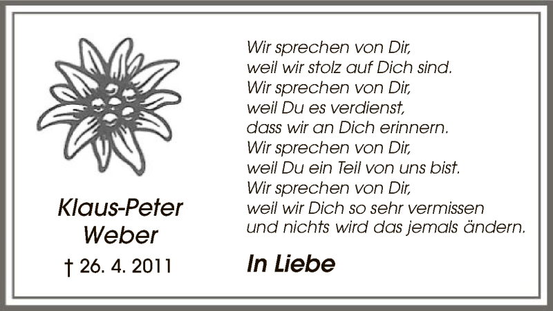  Traueranzeige für Klaus-Peter Weber vom 26.04.2019 aus MZV