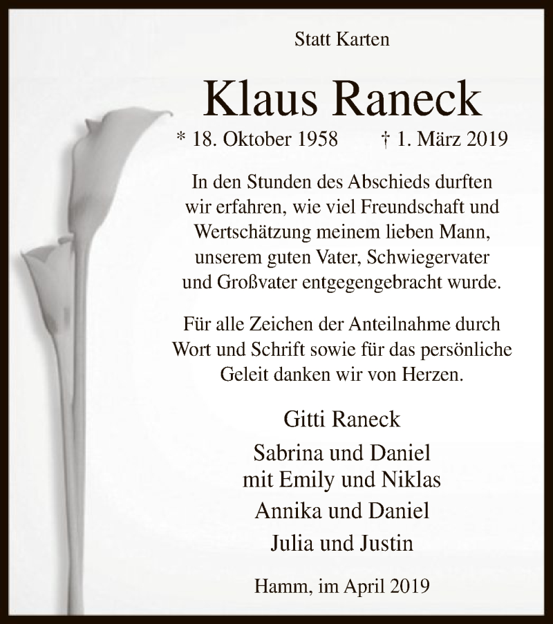  Traueranzeige für Klaus Raneck vom 06.04.2019 aus MZV