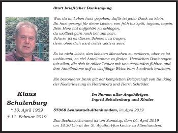 Traueranzeige von Klaus Schulenburg von HSK