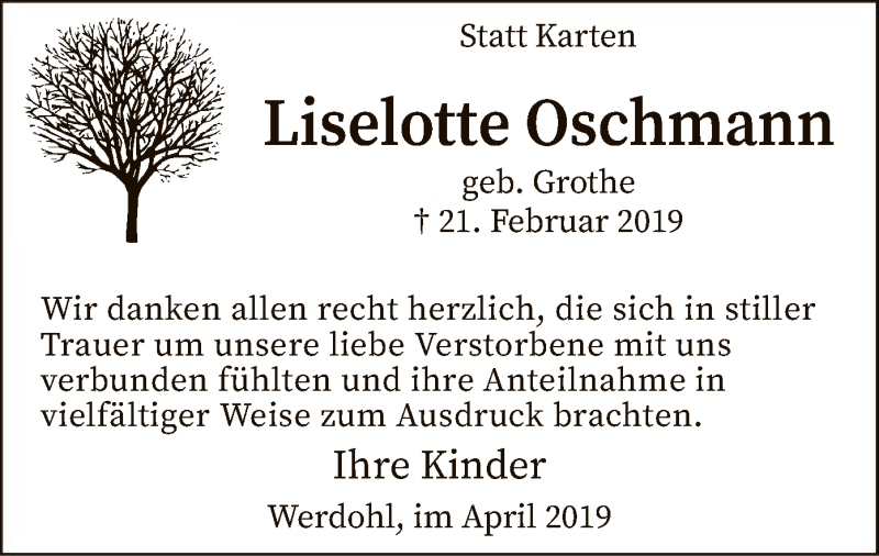 Traueranzeige für Liselotte Oschmann vom 20.04.2019 aus MZV