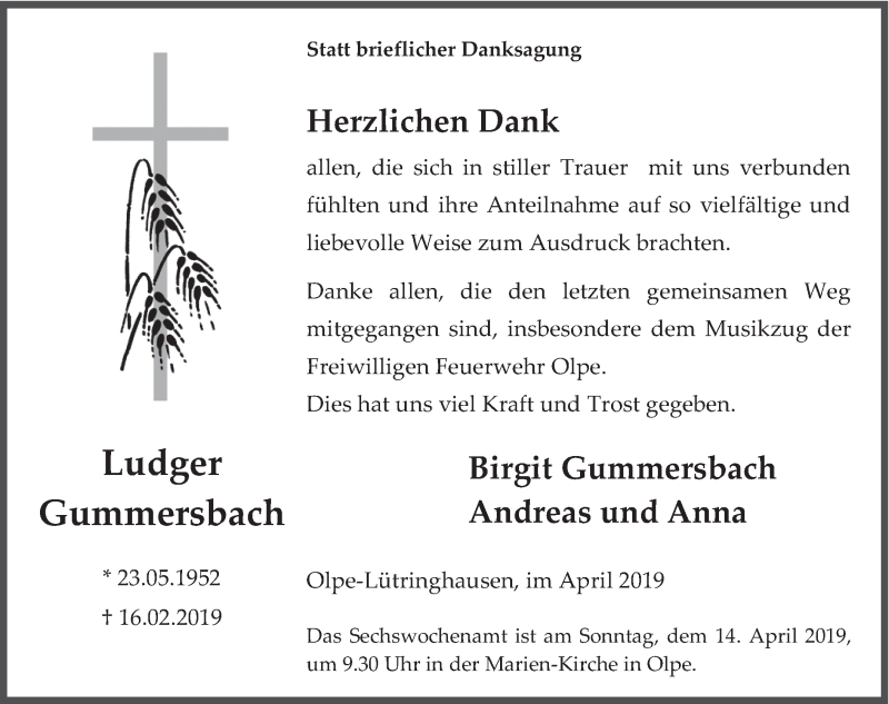  Traueranzeige für Ludger Gummersbach vom 06.04.2019 aus HSK