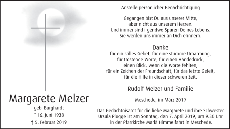  Traueranzeige für Margarete Melzer vom 30.03.2019 aus HSK