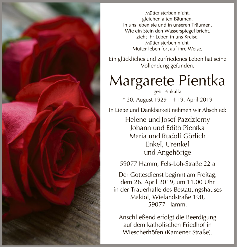  Traueranzeige für Margarete Pientka vom 24.04.2019 aus MZV