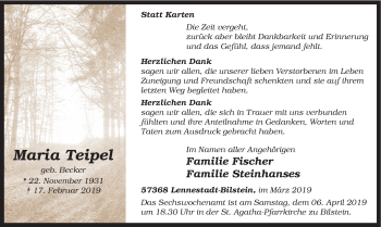 Traueranzeige von Maria Teipel von HSK