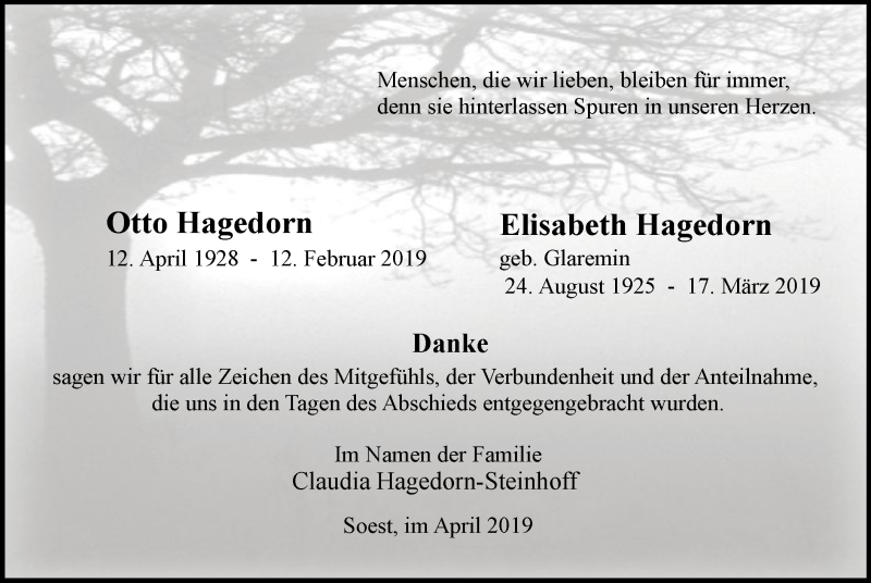  Traueranzeige für Otto und Elisabeth Hagedorn vom 20.04.2019 aus MZV