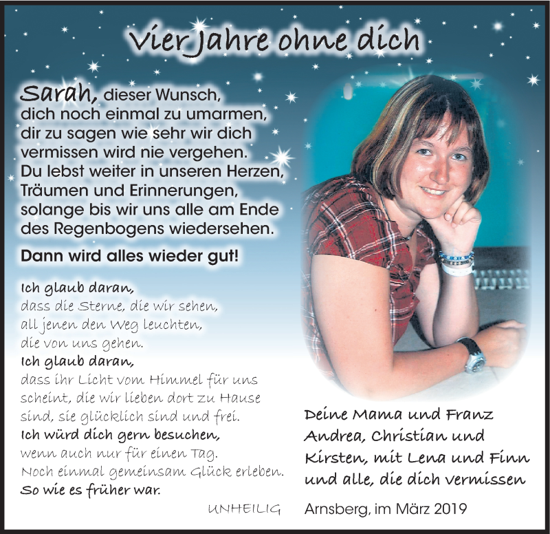  Traueranzeige für Sarah  vom 30.03.2019 aus HSK