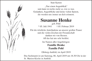 Traueranzeige von Susanne Henke von HSK