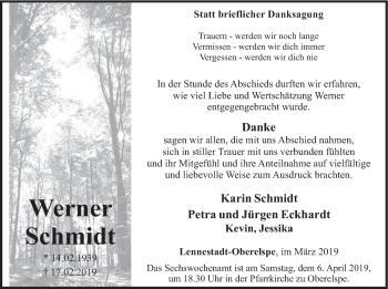 Traueranzeige von Werner Schmidt von HSK