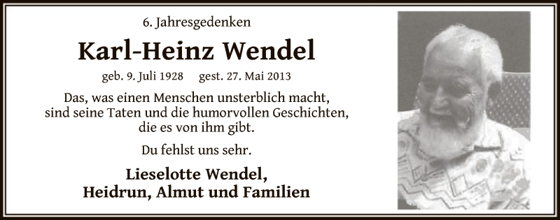  Traueranzeige für Karl-Heinz Wendel vom 27.05.2019 aus MZV