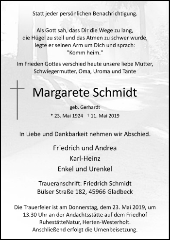 Traueranzeige von Margarete Schmidt von MZV