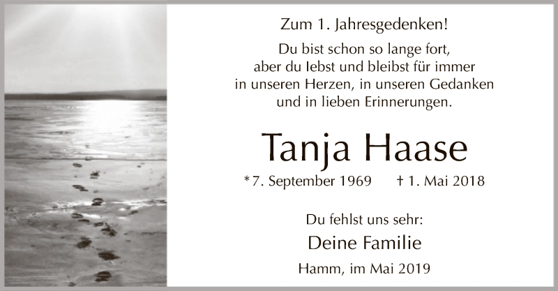  Traueranzeige für Tanja Haase vom 30.04.2019 aus MZV
