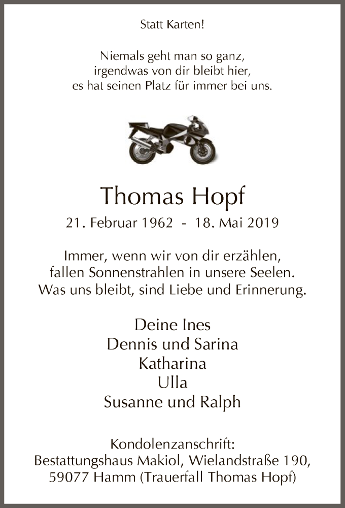  Traueranzeige für Thomas Hopf vom 25.05.2019 aus MZV