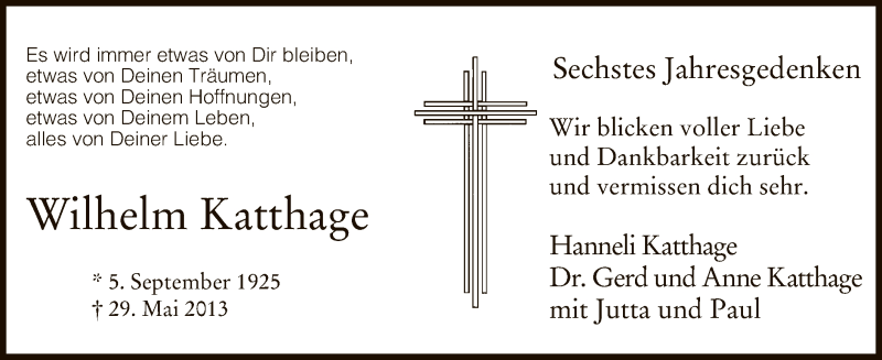  Traueranzeige für Wilhelm Katthage vom 29.05.2019 aus MZV