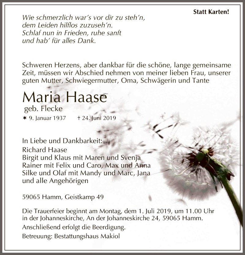  Traueranzeige für Maria Haase vom 27.06.2019 aus MZV