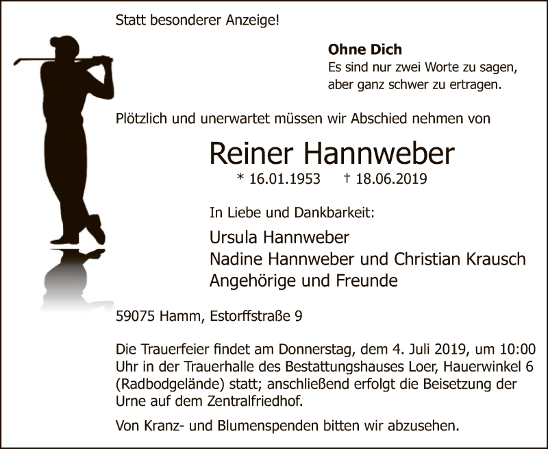  Traueranzeige für Reiner Hannweber vom 29.06.2019 aus MZV