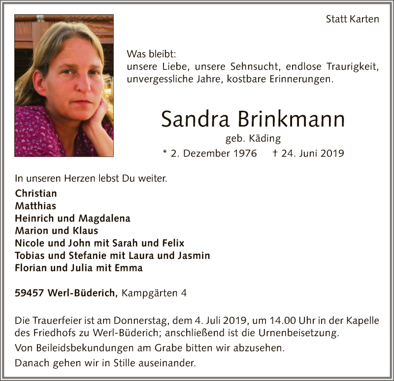  Traueranzeige für Sandra Brinkmann vom 28.06.2019 aus MZV