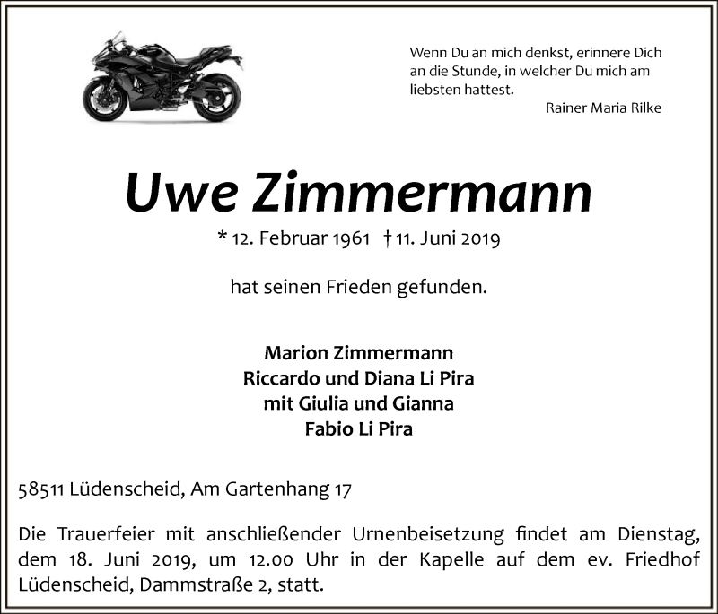  Traueranzeige für Uwe Zimmermann vom 13.06.2019 aus MZV
