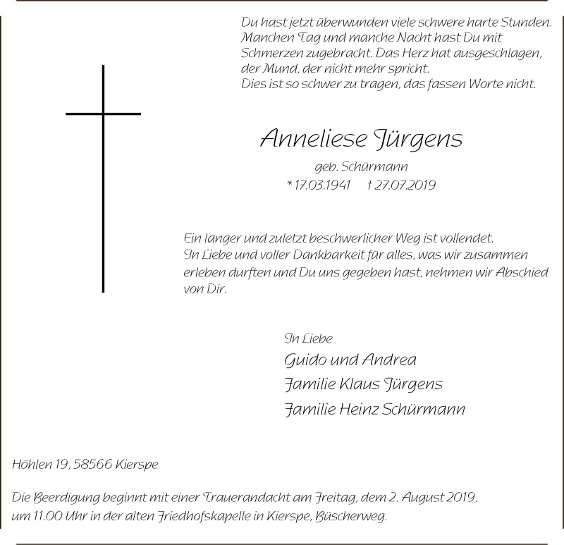  Traueranzeige für Anneliese Jürgens vom 31.07.2019 aus MZV