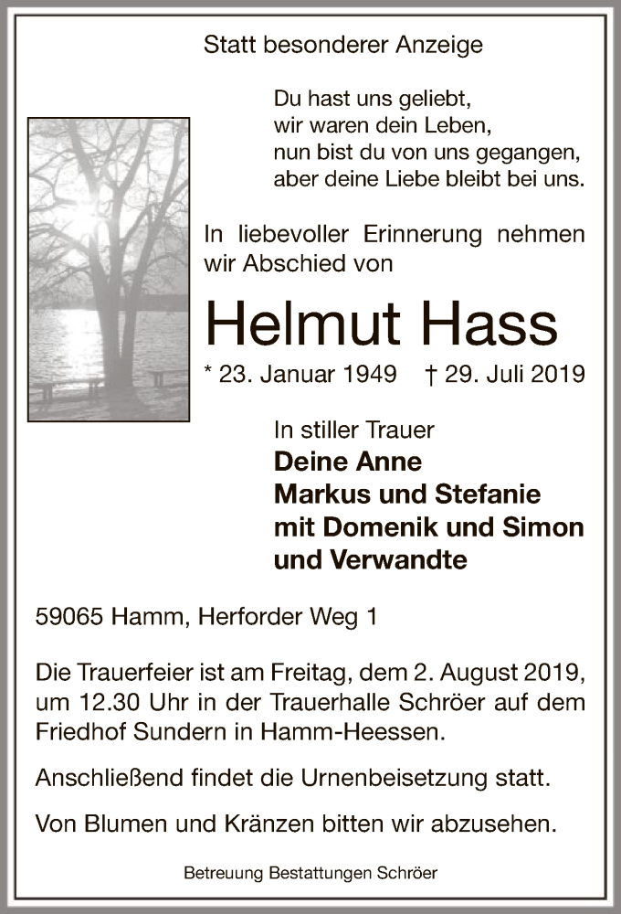  Traueranzeige für Helmut Hass vom 31.07.2019 aus MZV