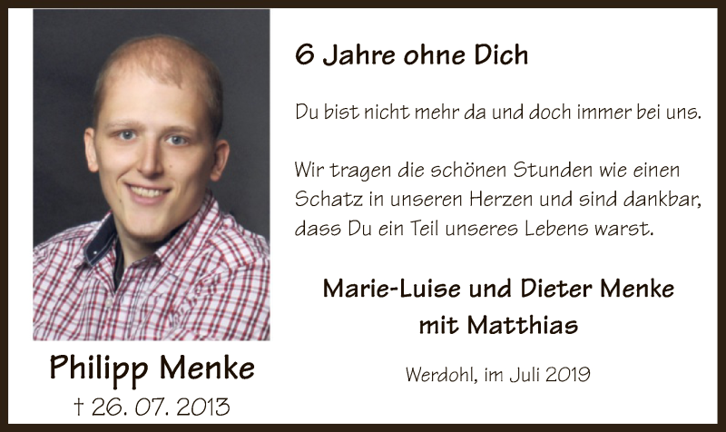  Traueranzeige für Philipp Menke vom 26.07.2019 aus MZV