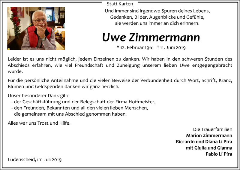  Traueranzeige für Uwe Zimmermann vom 03.07.2019 aus MZV