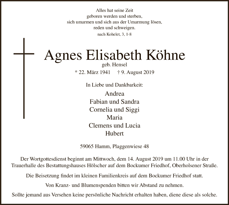  Traueranzeige für Agnes Elisabeth Köhne vom 13.08.2019 aus MZV