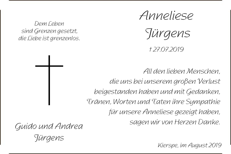  Traueranzeige für Anneliese Jürgens vom 24.08.2019 aus MZV