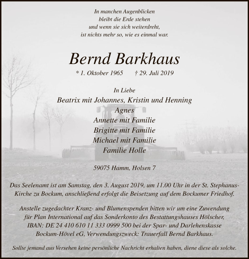  Traueranzeige für Bernd Barkhaus vom 02.08.2019 aus MZV