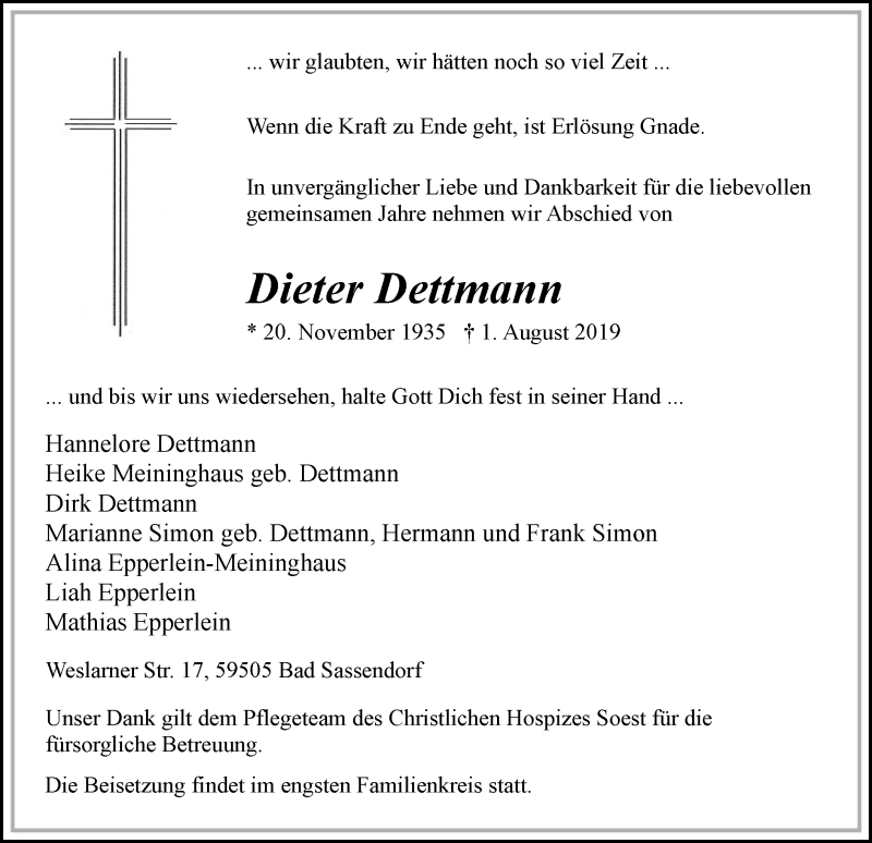  Traueranzeige für Dieter Dettmann vom 14.08.2019 aus MZV