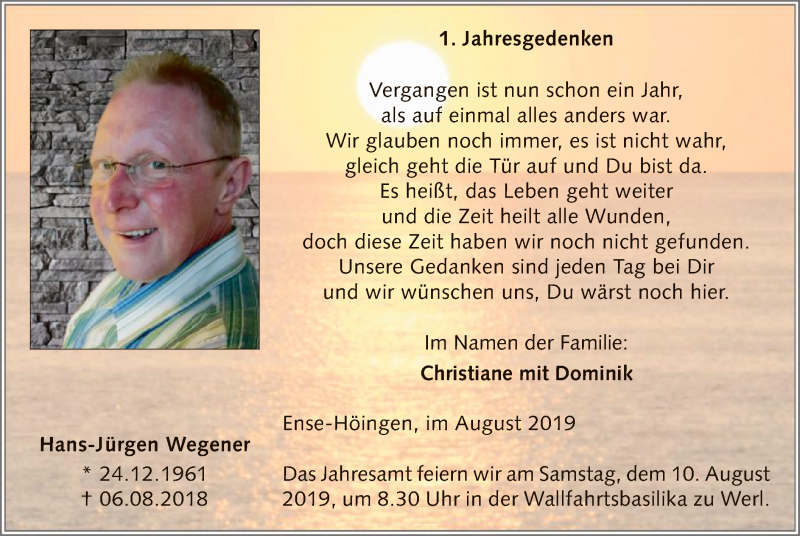  Traueranzeige für Hans-Jürgen Wegener vom 06.08.2019 aus MZV