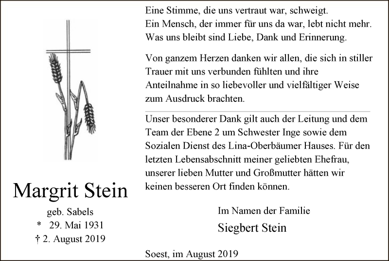  Traueranzeige für Margrit Stein vom 31.08.2019 aus MZV