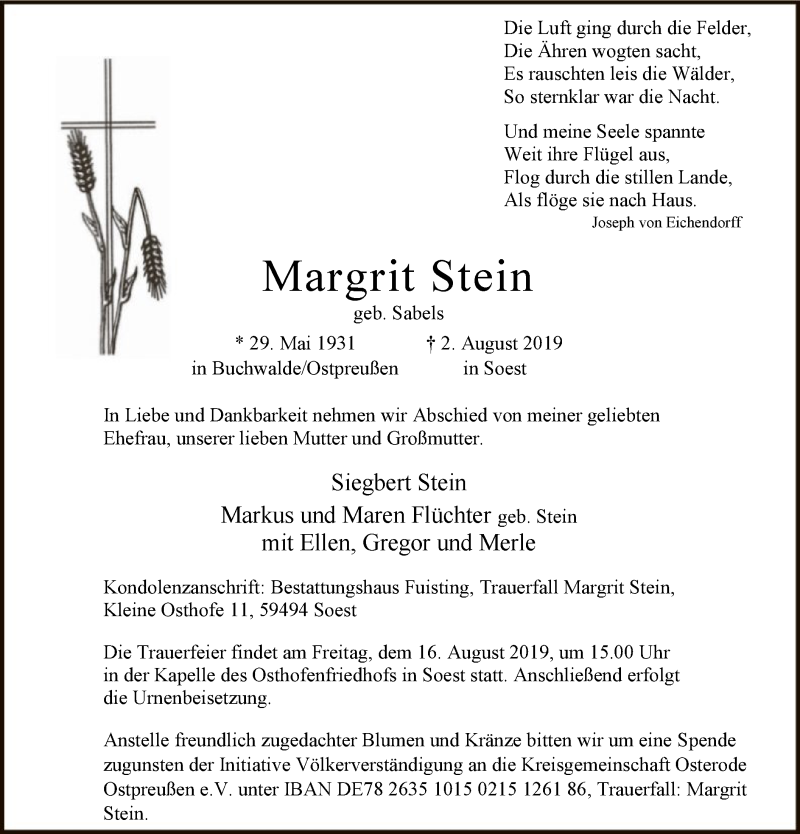  Traueranzeige für Margrit Stein vom 10.08.2019 aus MZV