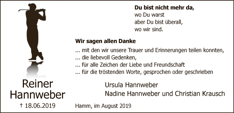  Traueranzeige für Reiner Hannweber vom 10.08.2019 aus MZV