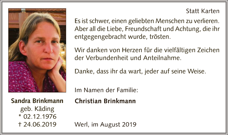  Traueranzeige für Sandra Brinkmann vom 10.08.2019 aus MZV