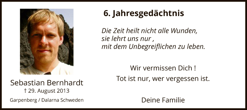  Traueranzeige für Sebastian Bernhardt vom 29.08.2019 aus MZV