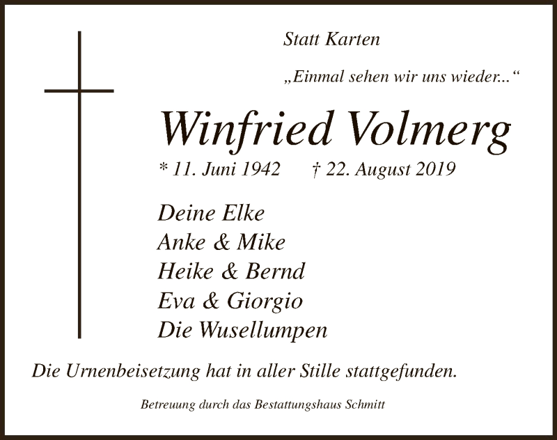 Traueranzeige für Winfried Volmerg vom 31.08.2019 aus MZV