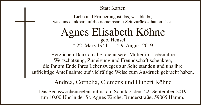  Traueranzeige für Agnes Elisabeth Köhne vom 21.09.2019 aus MZV