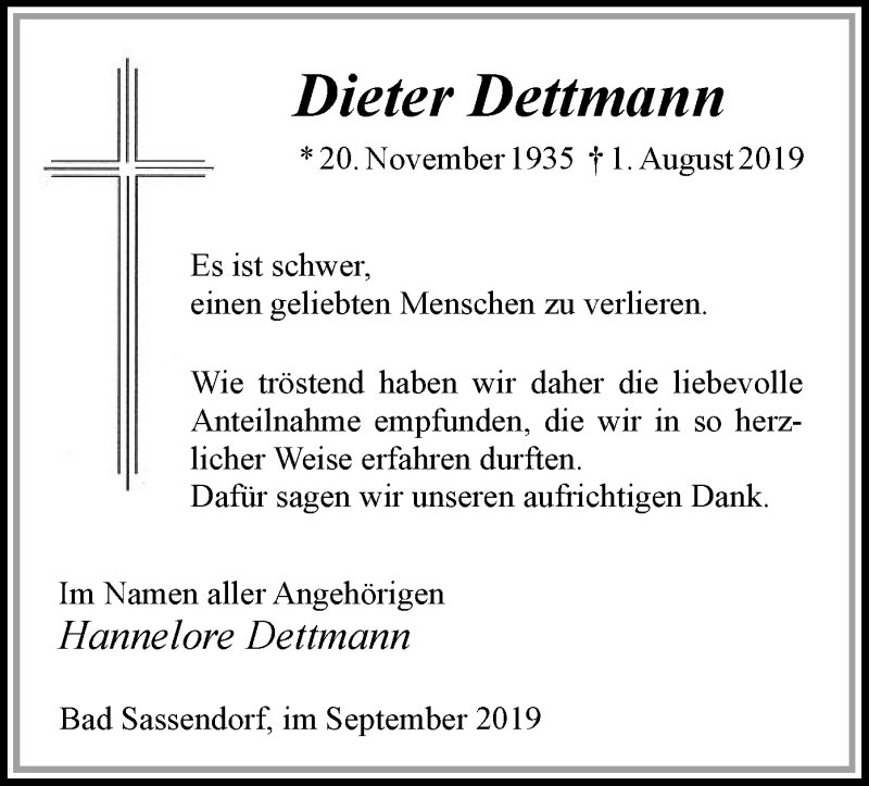  Traueranzeige für Dieter Dettmann vom 04.09.2019 aus MZV